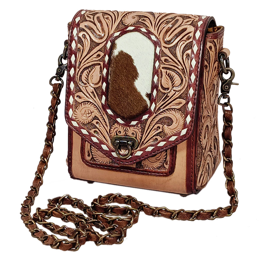 American Darling Hand Tooled Floral and Hair-On Cowhide Western Cross body Bag - Uhorse
