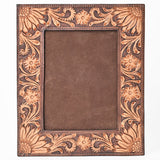 American Darling Hand Tooled Leather Photo Frame with Floral Carving, Western Tabletop Display, 10.5 x 9 Inch