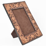 American Darling Hand Tooled Leather Photo Frame with Floral Carving, Western Tabletop Display, 10.5 x 9 Inch