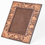 American Darling Hand Tooled Leather Photo Frame with Floral Carving, Western Tabletop Display, 10.5 x 9 Inch