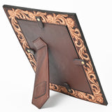 American Darling Hand Tooled Leather Photo Frame with Floral Carving, Western Tabletop Display, 10.5 x 9 Inch