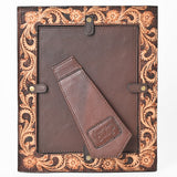 American Darling Hand Tooled Leather Photo Frame with Floral Carving, Western Tabletop Display, 10.5 x 9 Inch