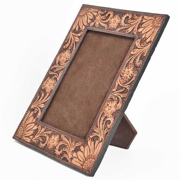 American Darling Hand Tooled Leather Photo Frame with Floral Carving, Western Tabletop Display, 10.5 x 9 Inch - Uhorse