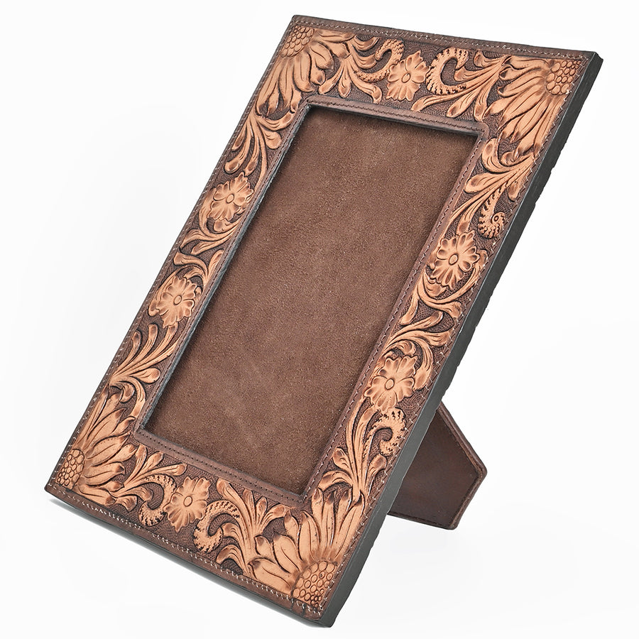 American Darling Hand Tooled Leather Photo Frame with Floral Carving, Western Tabletop Display, 10.5 x 9 Inch - Uhorse