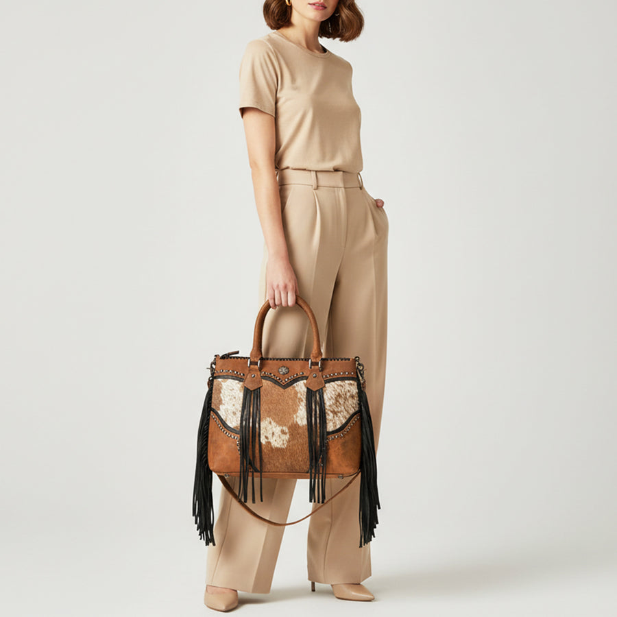 American Darling Tote Bag Western Hair-On Cowhide Genuine Leather Handbag with Fringes Rivets and Premium YKK Zipper