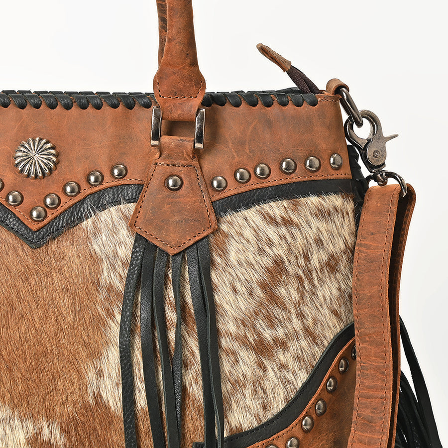 American Darling Tote Bag Western Hair-On Cowhide Genuine Leather Handbag with Fringes Rivets and Premium YKK Zipper
