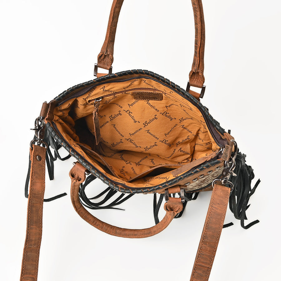 American Darling Tote Bag Western Hair-On Cowhide Genuine Leather Handbag with Fringes Rivets and Premium YKK Zipper