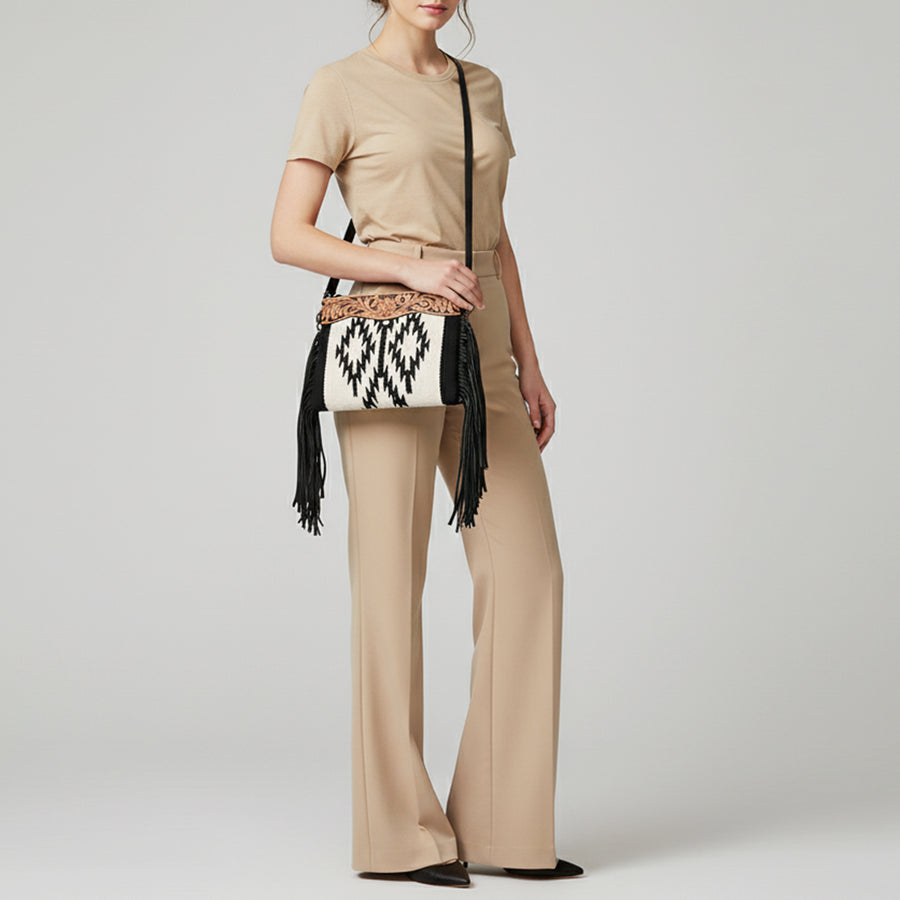 American Darling Cross body Bag Hand Woven Saddle Blanket Genuine Leather Western Purse with Fringes