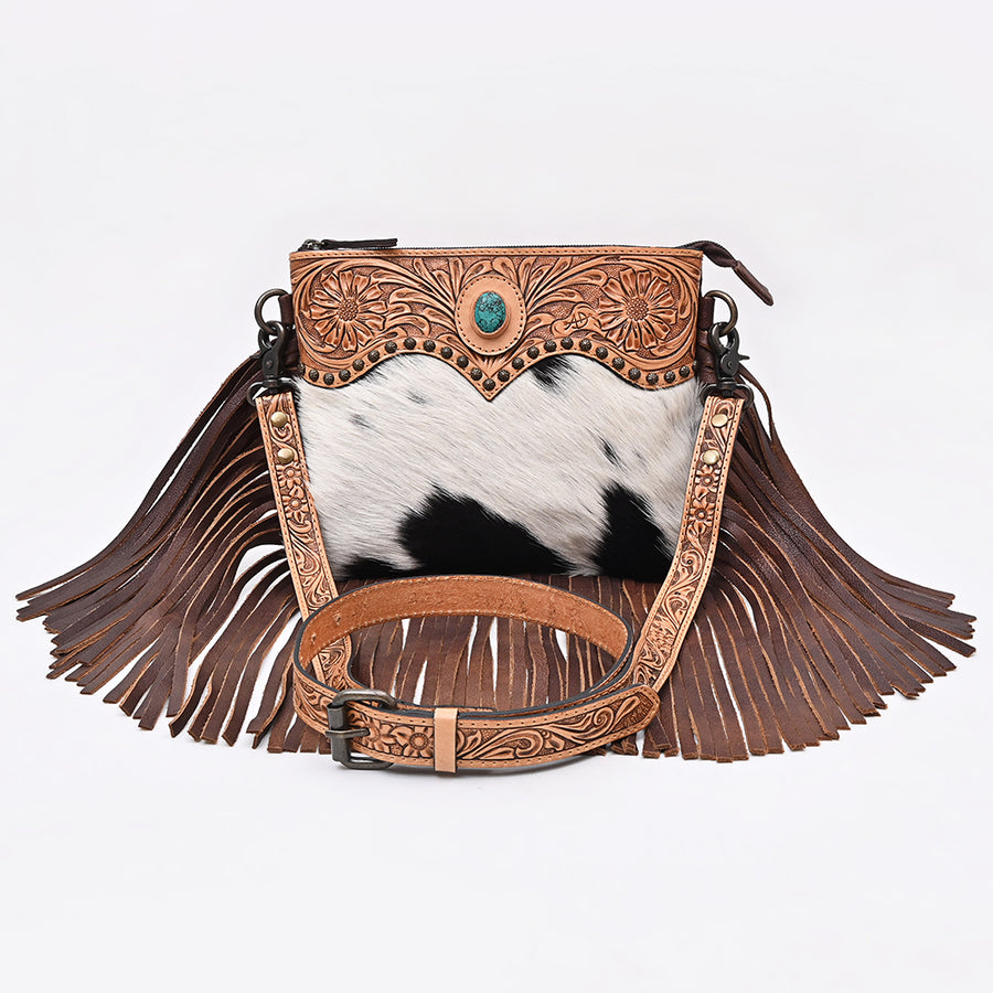 American Darling Cross body Bag Hand Tooled Floral Carved Hair-On Cowhide Genuine Leather Western Purse with Fringes