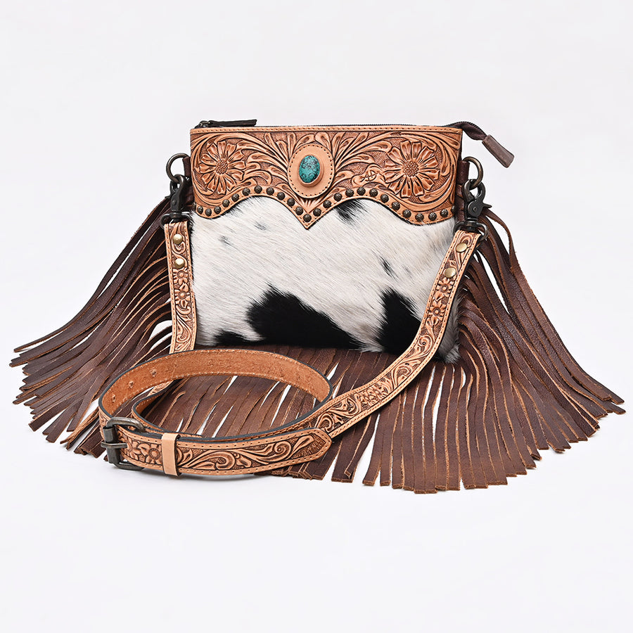 American Darling Hand Tooled Floral and Cowhide Cross body Bag with Western Fringes - Uhorse