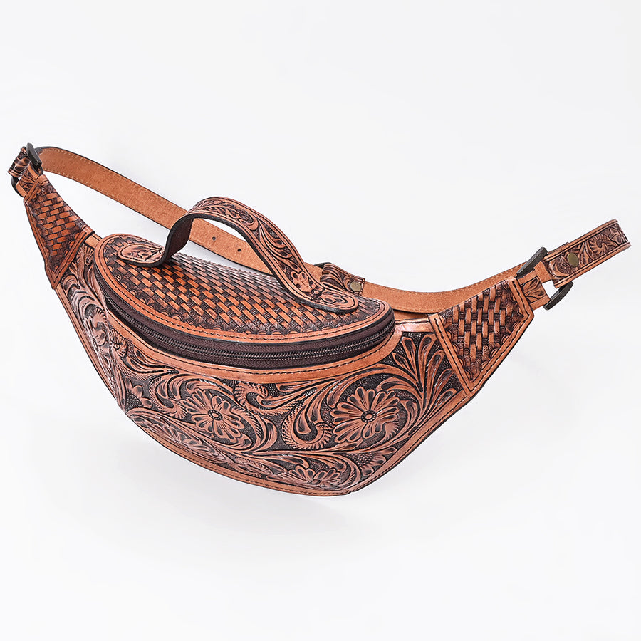 American Darling Fanny Pack Hand Tooled Floral Carved Basket Weave Genuine Leather Western Waist Bag