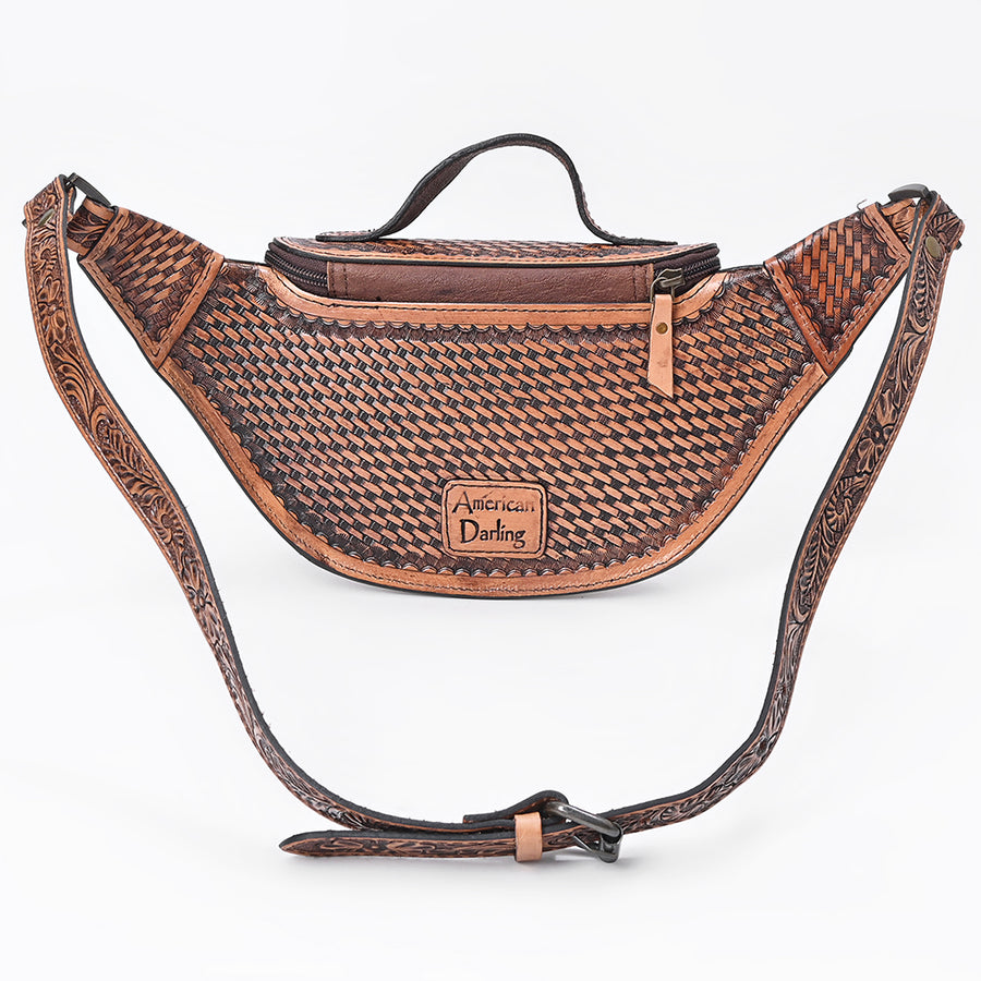 American Darling Fanny Pack Hand Tooled Floral Carved Basket Weave Genuine Leather Western Waist Bag