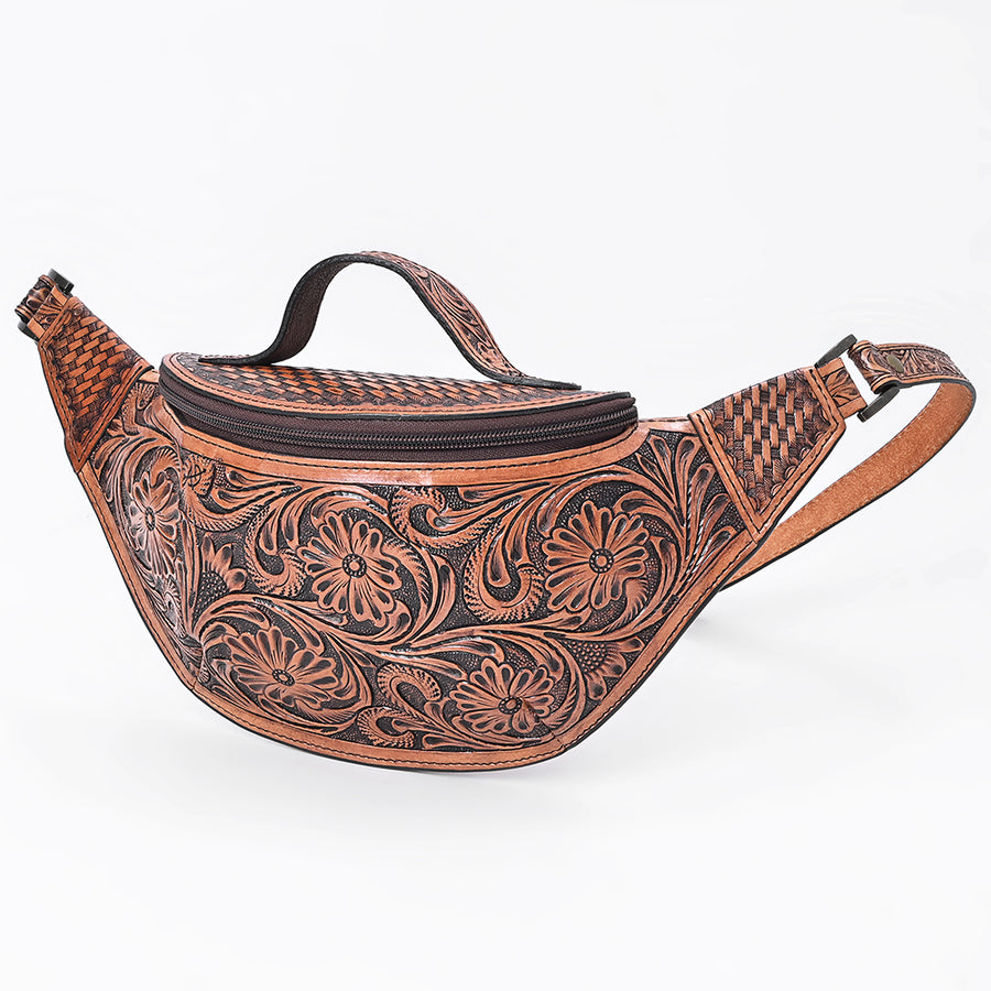 American Darling Hand Tooled Floral and Basket Weave Leather Western Fanny Pack - Uhorse