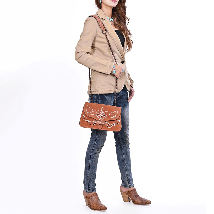 American Darling Cross body Bag Rivetted Genuine Suede Leather with Embroidery Genuine Full Grain Western Purse