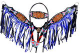 Hilason Western Horse Leather Headstall & Breast Collar Set Black with Blue Fringes