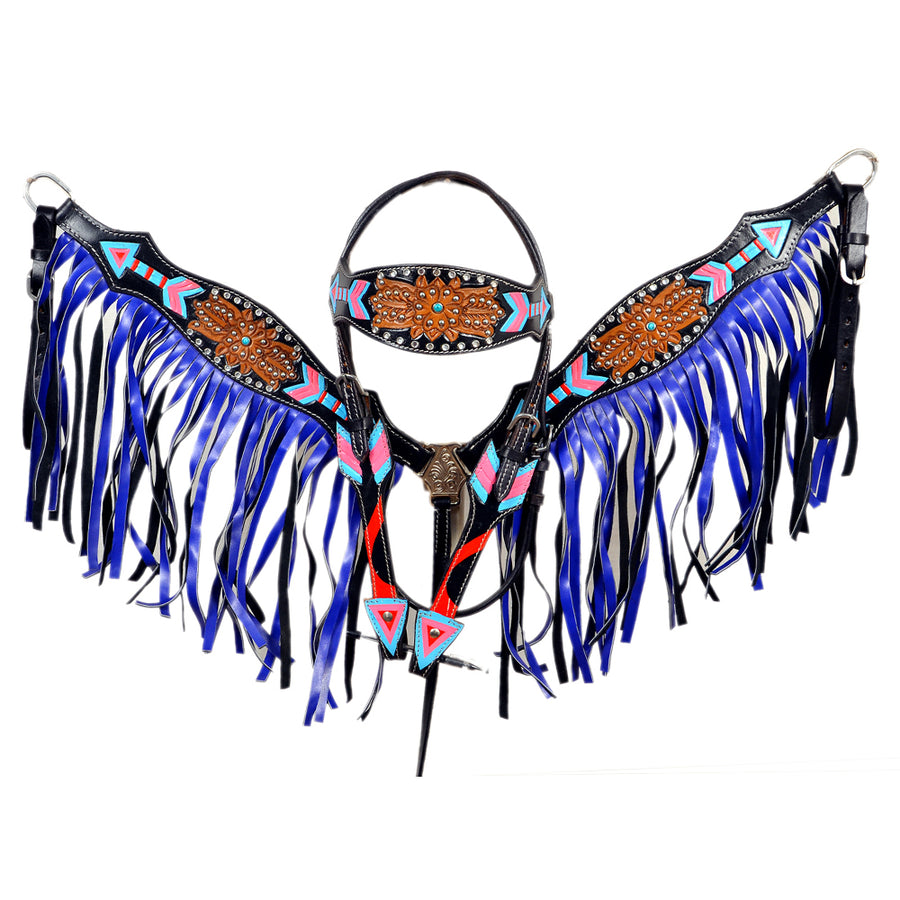 Hilason Western Horse Leather Headstall and Breast Collar Set Black with Blue Fringes - Uhorse