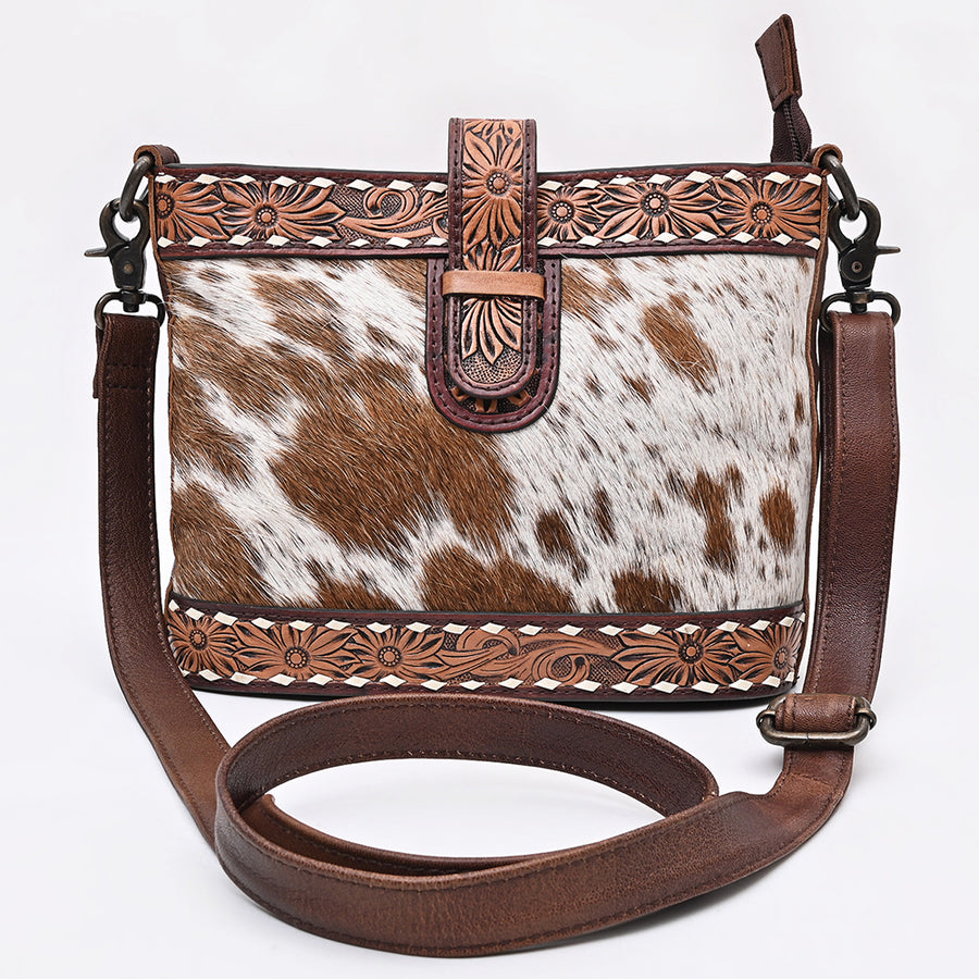 American Darling Cross body Bag Hand Tooled Floral Carved Hair-On Cowhide Genuine Leather Western Purse