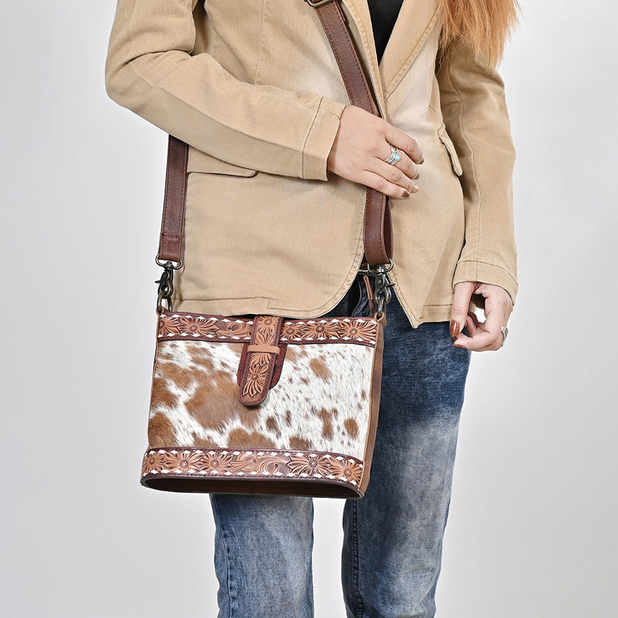 American Darling Cross body Bag Hand Tooled Floral Carved Hair-On Cowhide Genuine Leather Western Purse