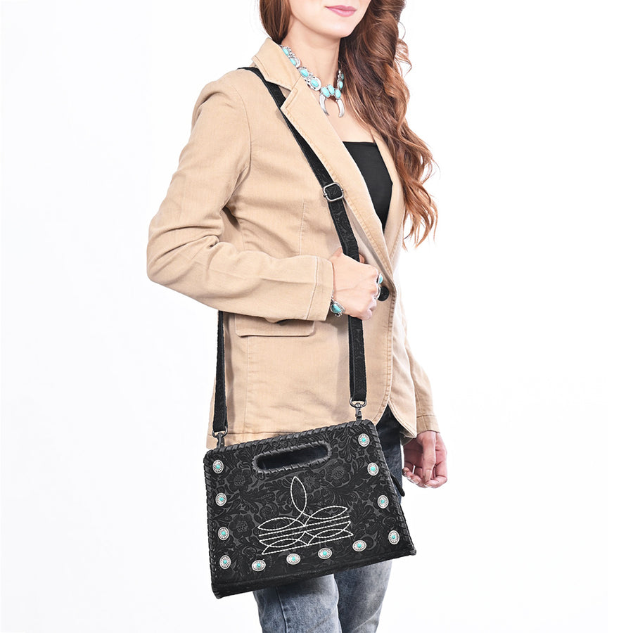 American Darling Clutch Bag Hand-Tooled Vegetable-Tanned Genuine Leather Western Crossbody with Turquoise Studs and Boot Stitch