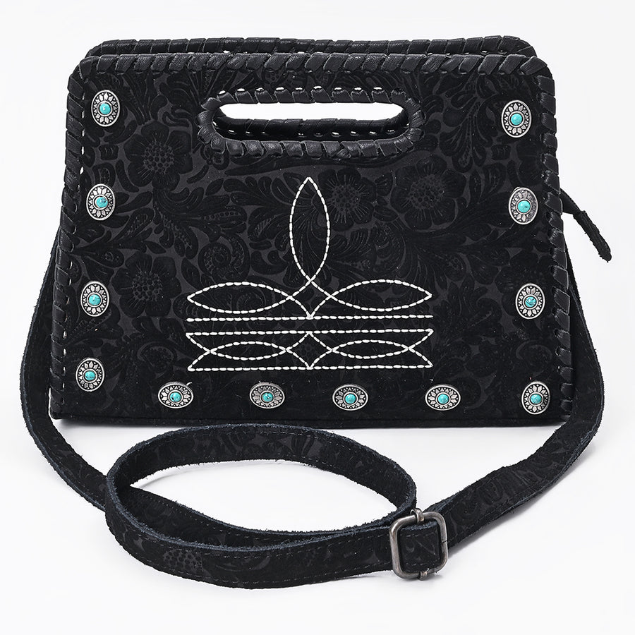 American Darling Clutch Bag Hand-Tooled Vegetable-Tanned Genuine Leather Western Crossbody with Turquoise Studs and Boot Stitch