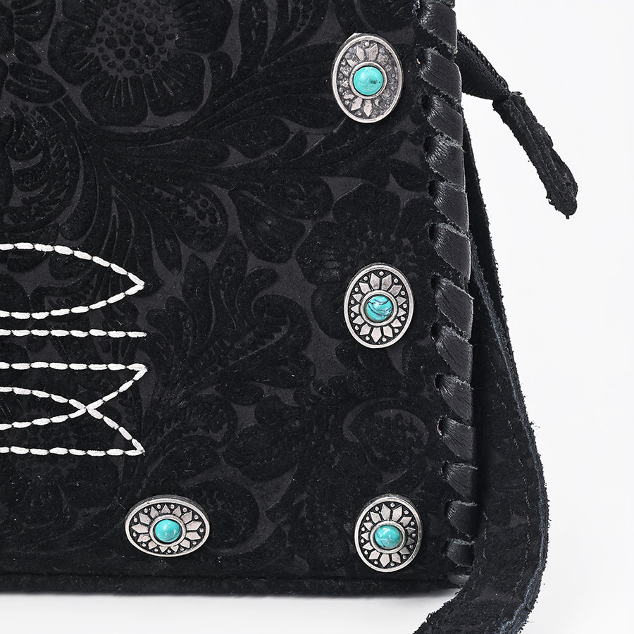 American Darling Clutch Bag Hand-Tooled Vegetable-Tanned Genuine Leather Western Crossbody with Turquoise Studs and Boot Stitch