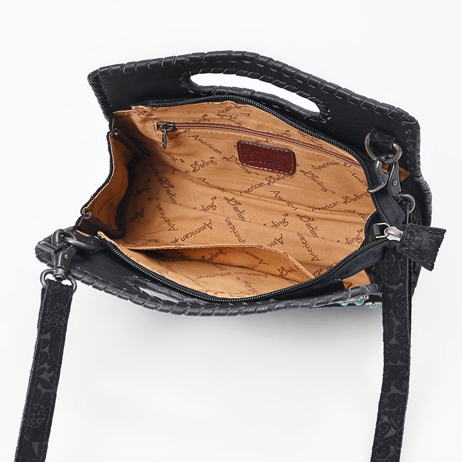 American Darling Clutch Bag Hand-Tooled Vegetable-Tanned Genuine Leather Western Crossbody with Turquoise Studs and Boot Stitch