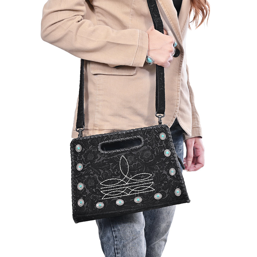 American Darling Clutch Bag Hand-Tooled Vegetable-Tanned Genuine Leather Western Crossbody with Turquoise Studs and Boot Stitch