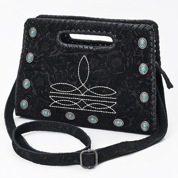 American Darling Hand-Tooled Western Leather Clutch Damascus Bag with Turquoise Accents - Uhorse