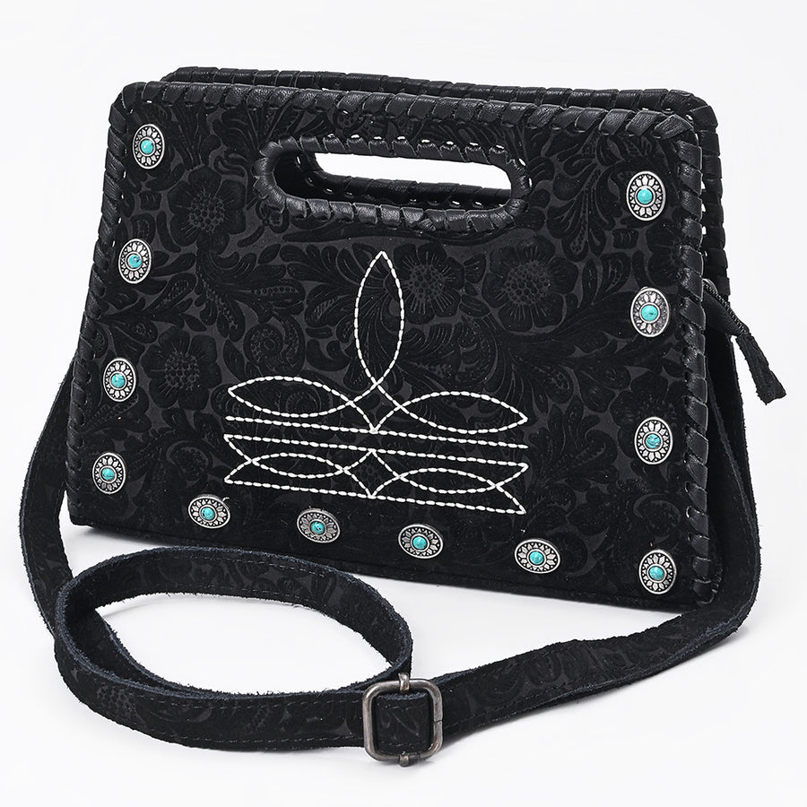American Darling Hand-Tooled Western Leather Clutch Damascus Bag with Turquoise Accents - Uhorse