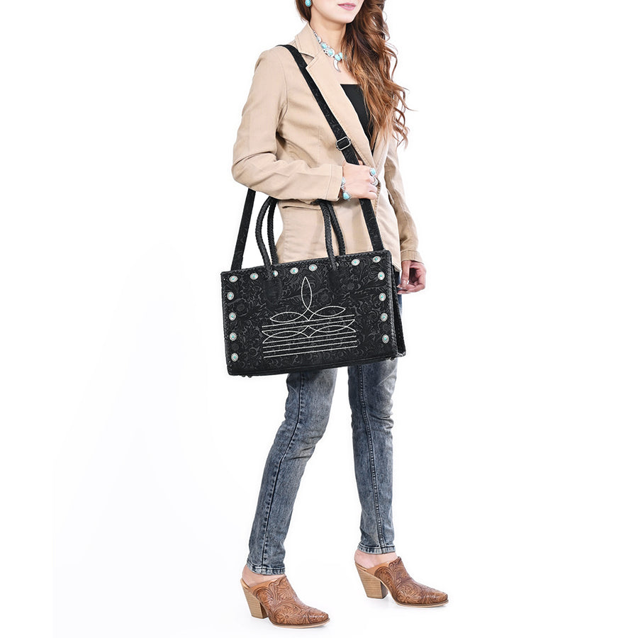 American Darling Tote Bag Western Hand-Tooled Genuine Leather Shoulder Bag with Boot Stitching and Turquoise Conchos