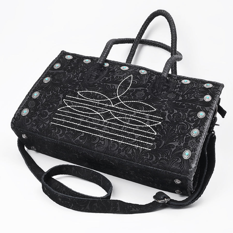 American Darling Tote Bag Western Hand-Tooled Genuine Leather Shoulder Bag with Boot Stitching and Turquoise Conchos