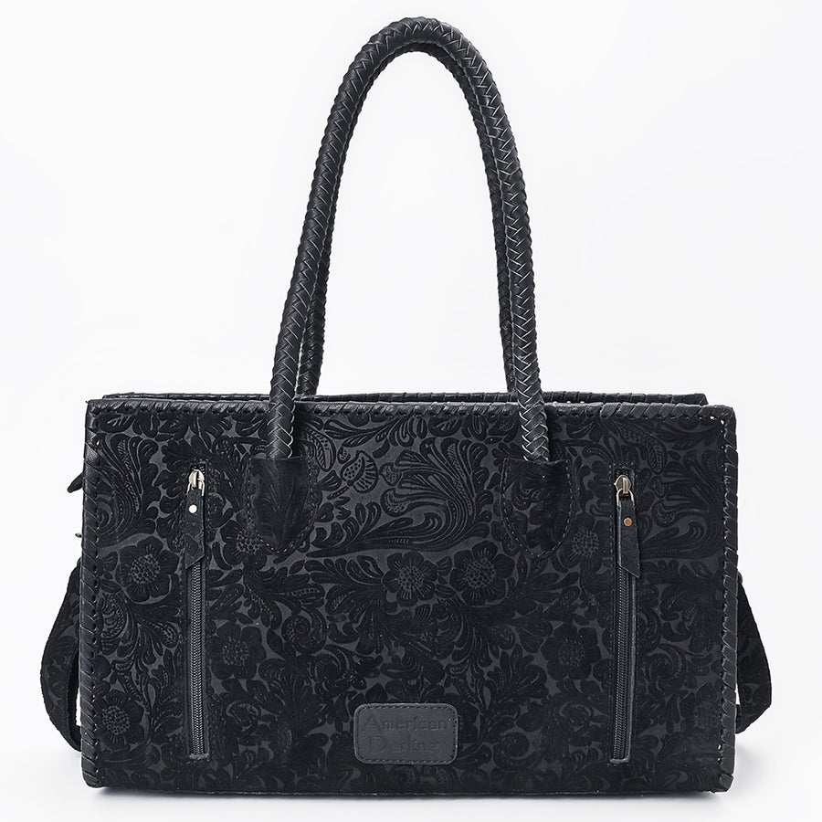 American Darling Tote Bag Western Hand-Tooled Genuine Leather Shoulder Bag with Boot Stitching and Turquoise Conchos