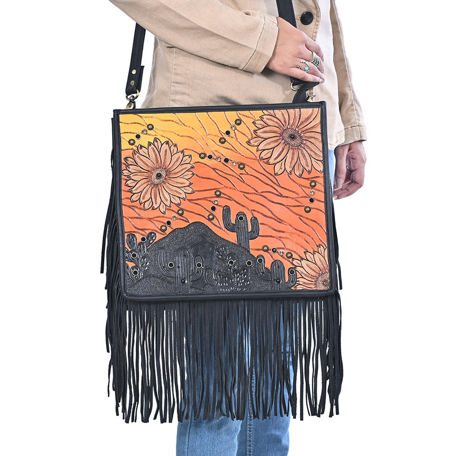 American Darling Cross body Bag for Women, Hand Tooled Floral Carved Leather with Rivets & Fringes, Western Boho Messenger