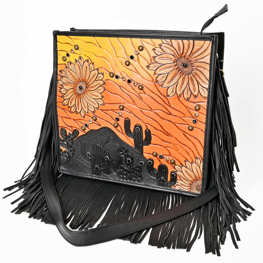American Darling Western Hand Tooled Floral Cross body Bag with Long Leather Fringes - Uhorse