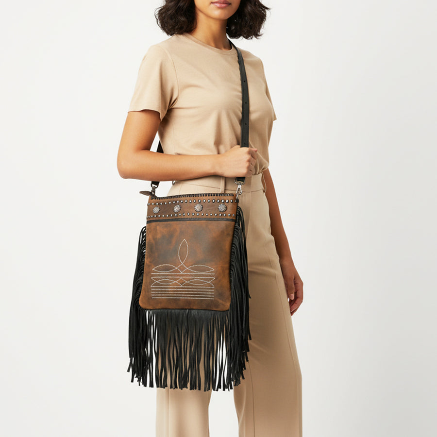 American Darling Vintage Leather Crossbody Bag Studded Conchos Western Stitching