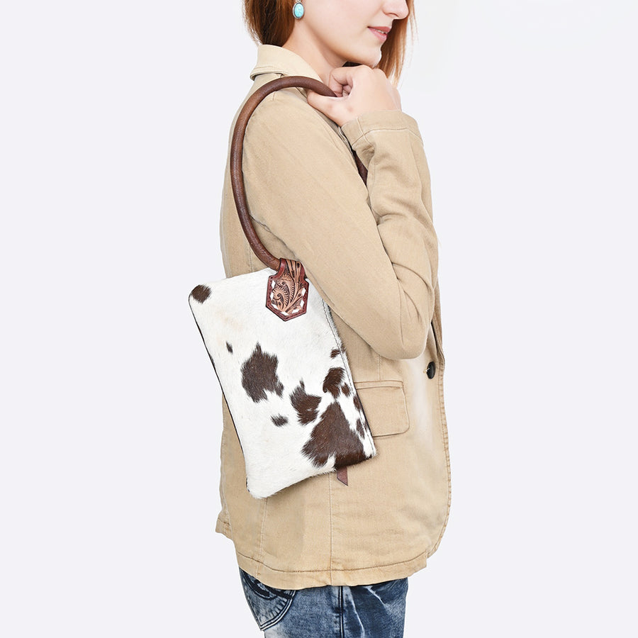 American Darling Wristlet Bag Western Hand-Tooled Genuine Leather Hair-On Cowhide Clutch with Floral Carving and Buck Stitching
