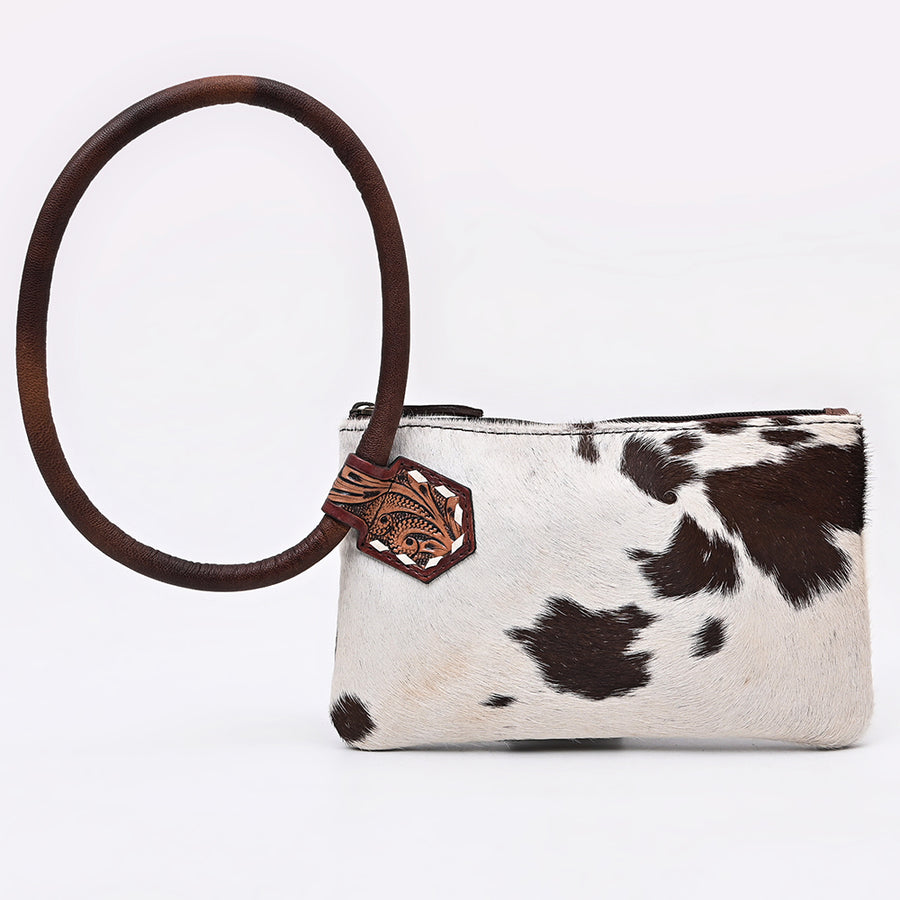 American Darling Wristlet Bag Western Hand-Tooled Genuine Leather Hair-On Cowhide Clutch with Floral Carving and Buck Stitching