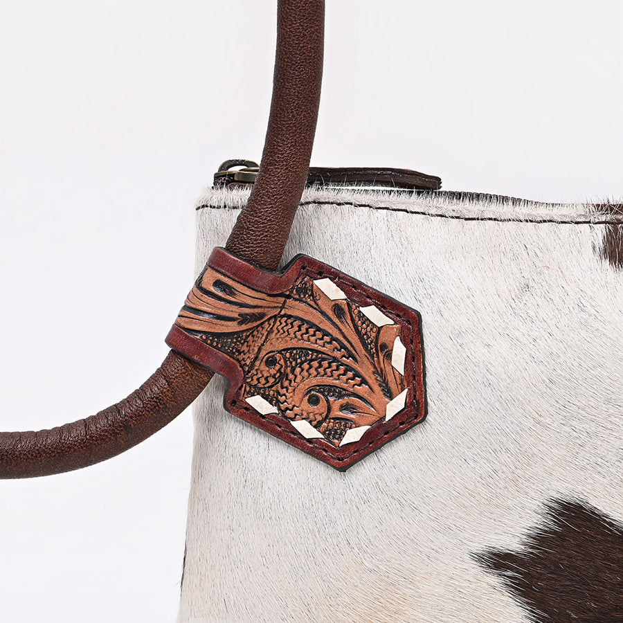 American Darling Wristlet Bag Western Hand-Tooled Genuine Leather Hair-On Cowhide Clutch with Floral Carving and Buck Stitching