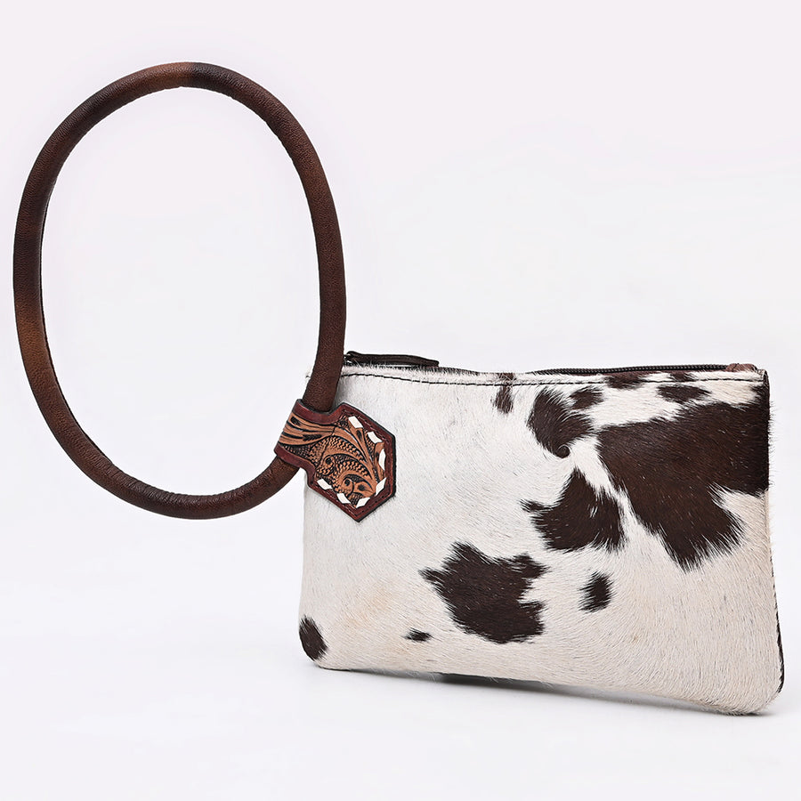 American Darling Western Wristlet Bag with Hair-On Cowhide and Hand-Tooled Floral Detail - Uhorse