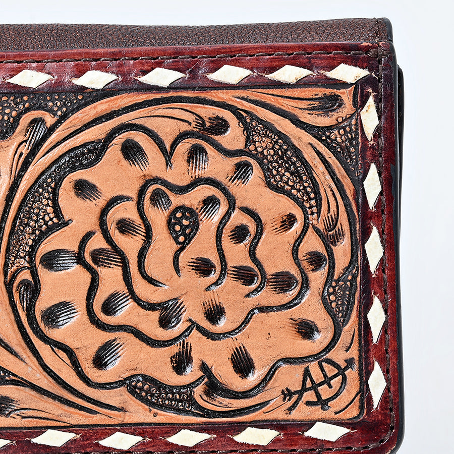 American Darling Wallet Bag Western Hand-Tooled Genuine Leather Clutch with Buck Stitching and Floral Carving