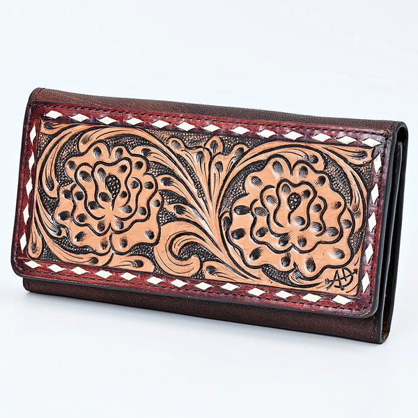 American Darling Western Wallet Bag with Hand-Tooled Floral Carving and Buck Stitching - Uhorse