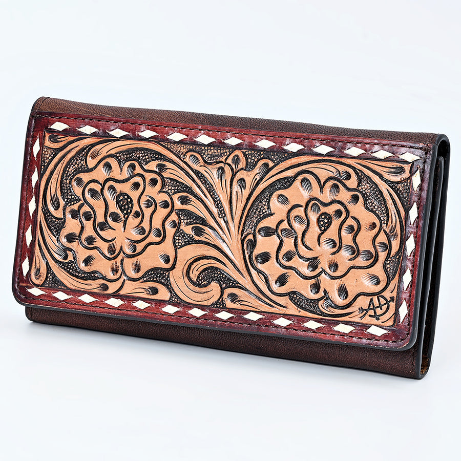 American Darling Western Wallet Bag with Hand-Tooled Floral Carving and Buck Stitching - Uhorse