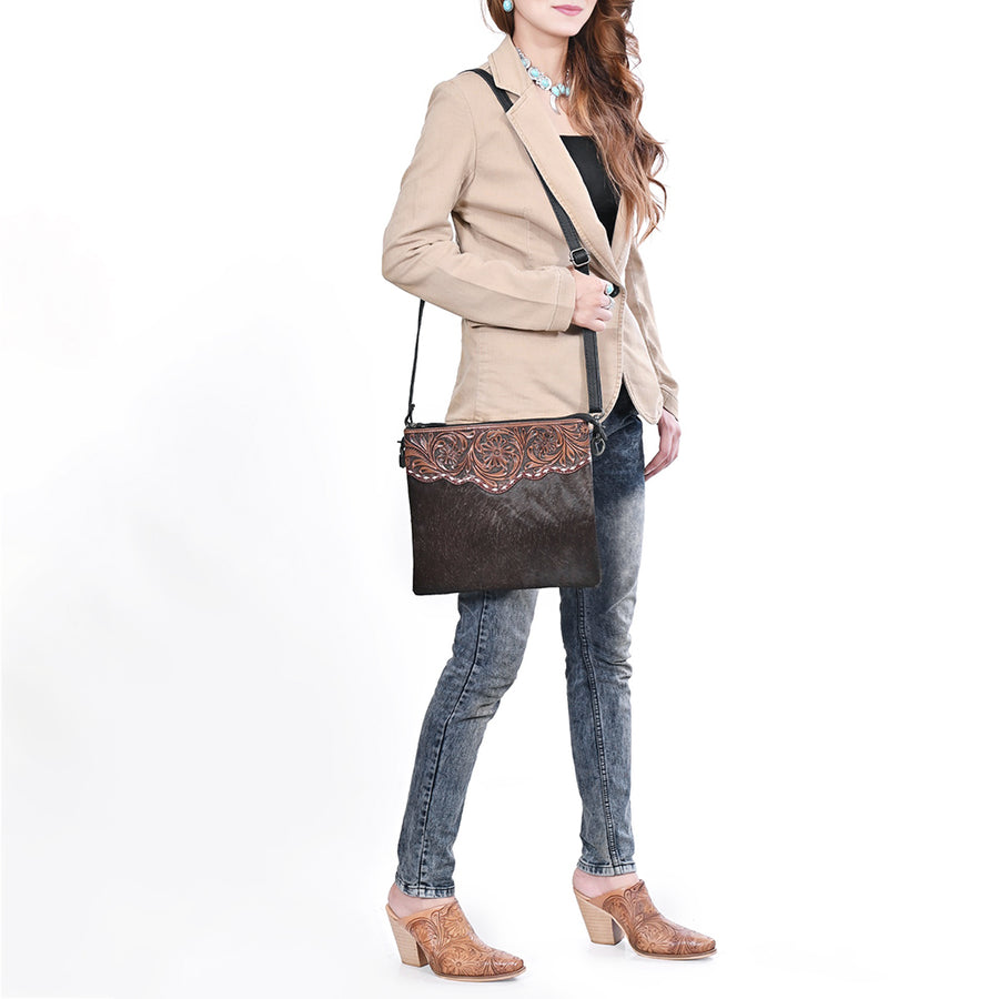 OHLAY Western Leather Dark Brown Hairon Crossbody Tooled Floral Panel