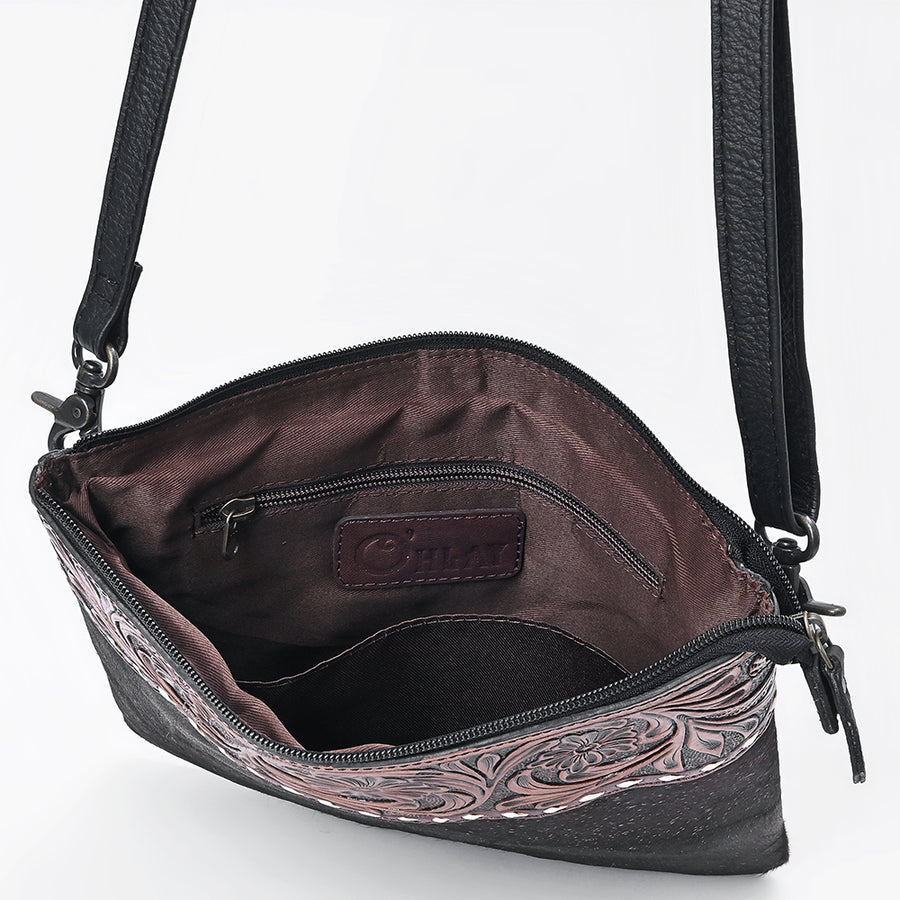 OHLAY Western Leather Dark Brown Hairon Crossbody Tooled Floral Panel