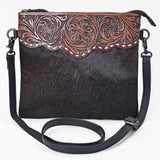 OHLAY BAGS Western Leather Dark Brown Hairon Crossbody Tooled Floral Panel