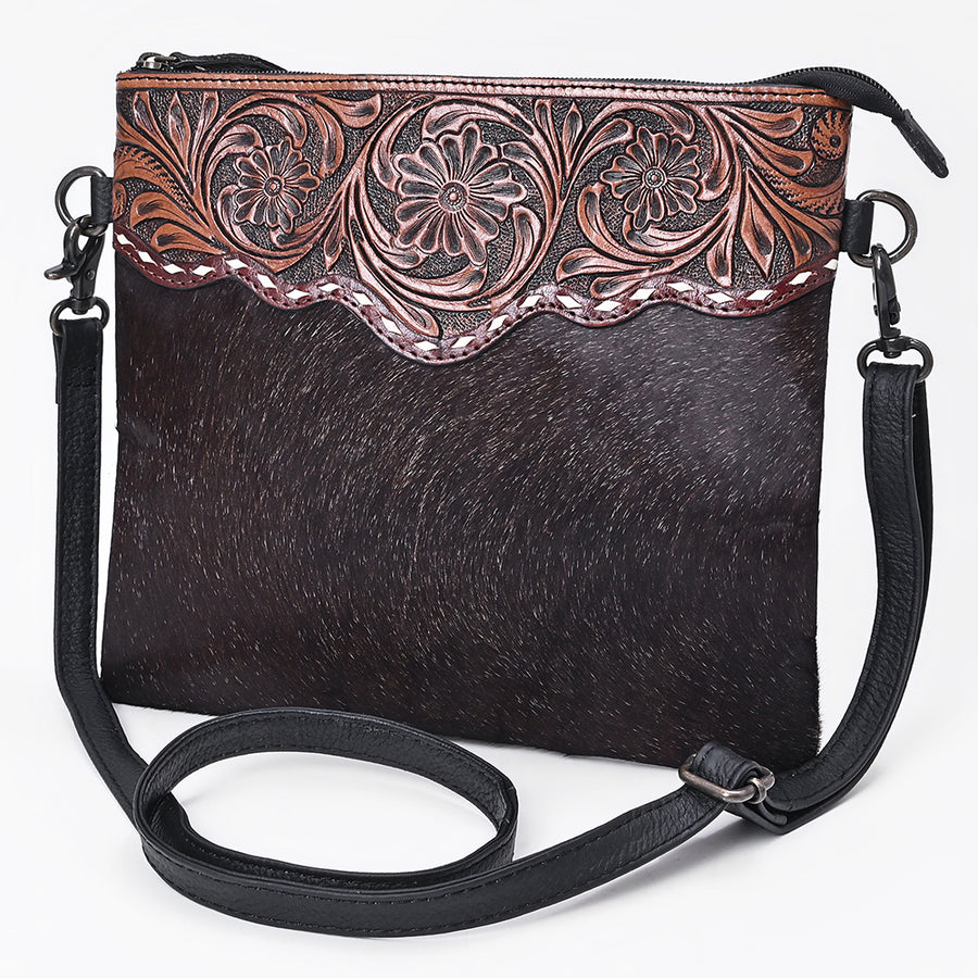 OHLAY Western Leather Dark Brown Hairon Crossbody Tooled Floral Panel - Uhorse