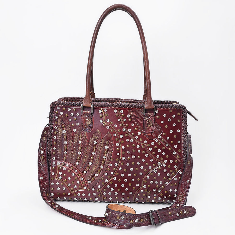 American Darling Tote Bag Western Hand-Tooled Genuine Leather Shoulder Bag with Rivets and Braided Trim Crossbody