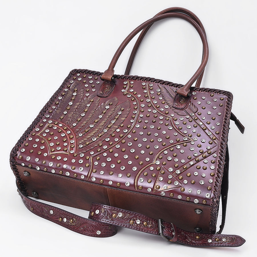 American Darling Tote Bag Western Hand-Tooled Genuine Leather Shoulder Bag with Rivets and Braided Trim Crossbody