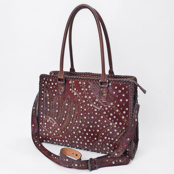 American Darling Western Leather Tote Bag with Hand-Tooled Accents and Riveted Detail - Uhorse