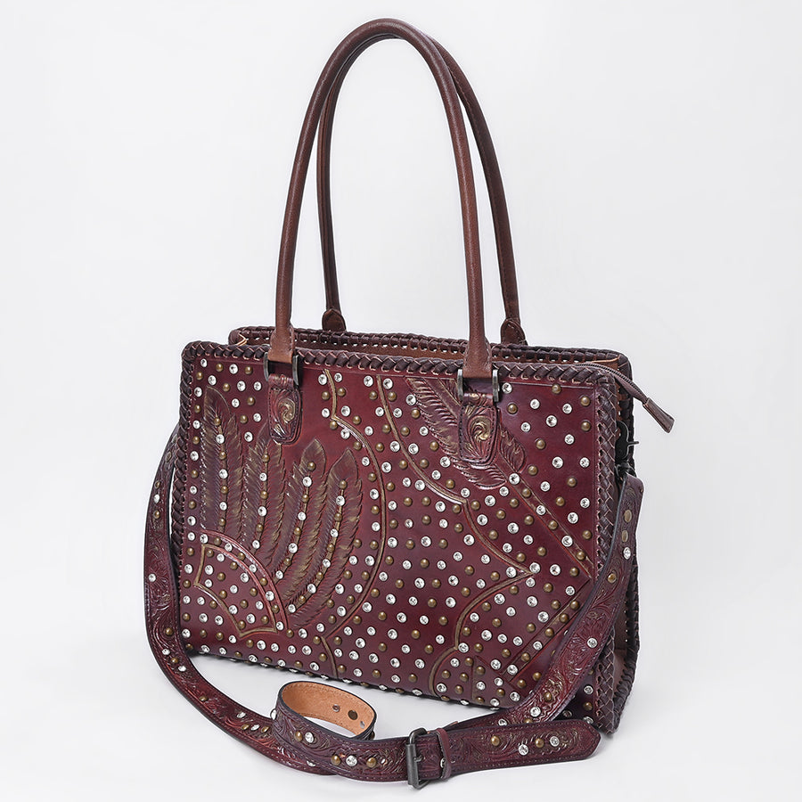 American Darling Western Leather Tote Bag with Hand-Tooled Accents and Riveted Detail - Uhorse